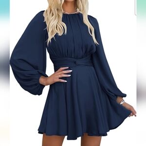 Elegant Navy Blue Women's Satin Long Sleeve Cocktail Dress With Belt